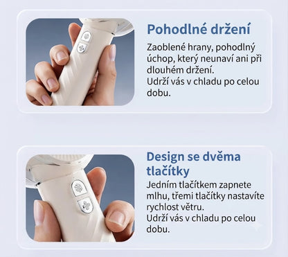 ❄️ Přenosný chladicí ventilátor se sprejem – Okamžitá úleva od horka kdykoliv během dne