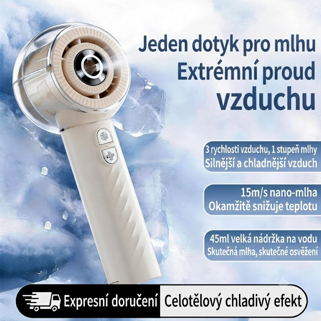 ❄️ Přenosný chladicí ventilátor se sprejem – Okamžitá úleva od horka kdykoliv během dne